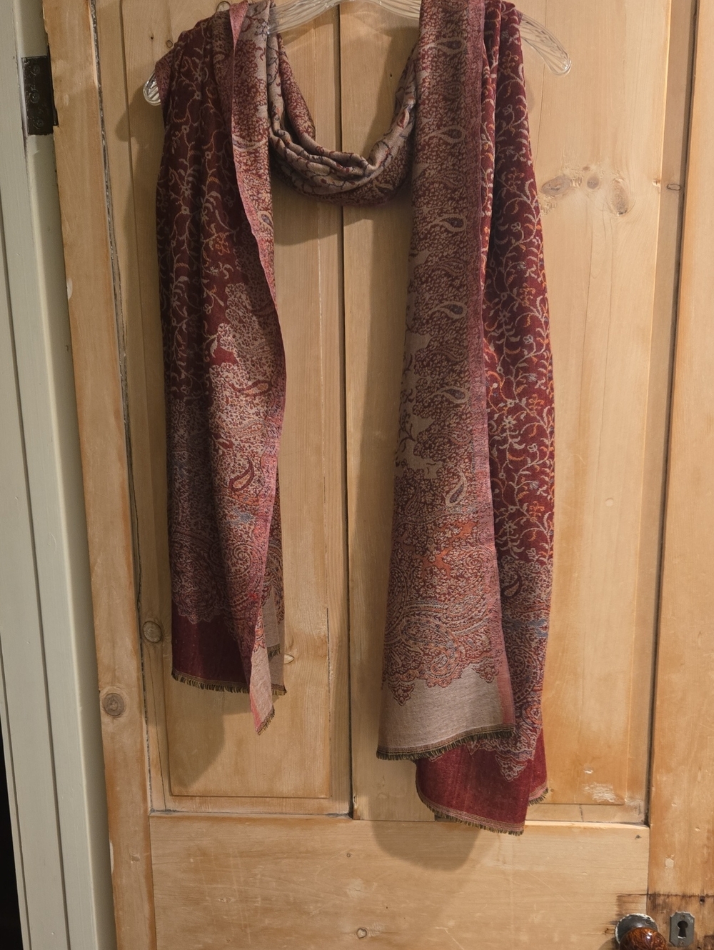Paisley Print Long Scarf in Reversible Burgundy and Taupe